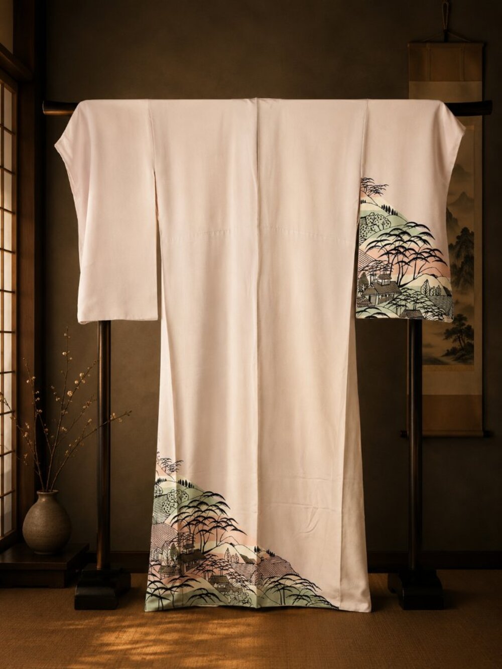 Vintage Japanese Kimono Pale Pink Landscape Robe 1940s 1950s Family Collection - Picture 3 of 6